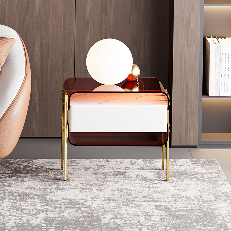 Modern Lighted Brown Nightstand With Wireless Charging Station Acrylic Bedside Table
