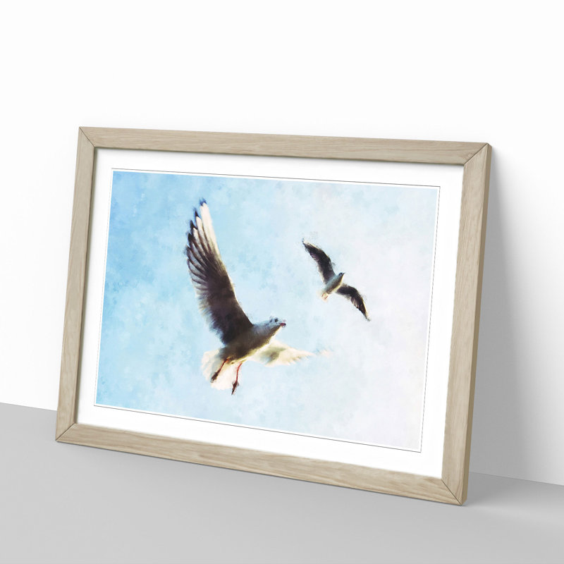 Pair Of Flying Seagulls - Single Picture Frame Print on MDF, Oak, 62cm H x 87cm W x 2cm D