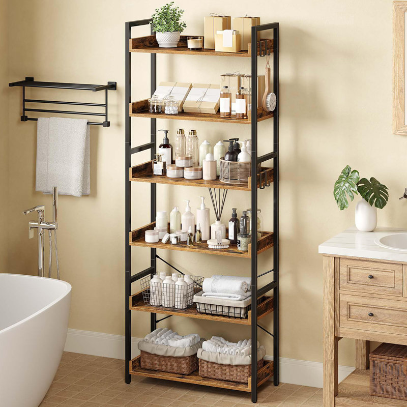 Narrow  Corner 6 Tier Bookshelf, Wooden Display Shelf, Rustic Brown