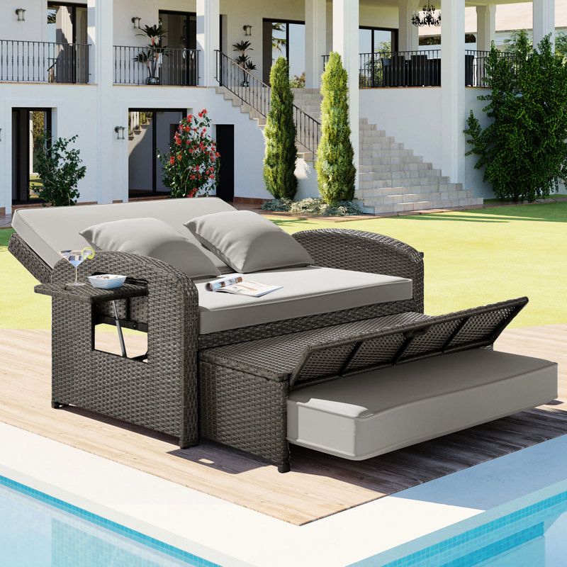 2 Pe Reclining Lounge, Gray, Adjustable Back, With Comfortable And Water- Fabric Covers Chaise Lounge For 2, Protected Cushions