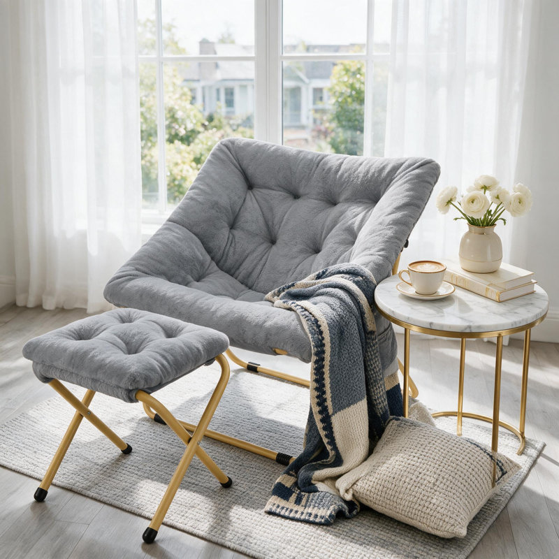 Comfy Saucer Chair, Foldable Lounge Chair With Ottoman, Soft Faux Fur Reading Chair For Teens Adults, Folding Lazy Chair/moon Chair For Living Room, Bedroom, Dorms, X-large Gray