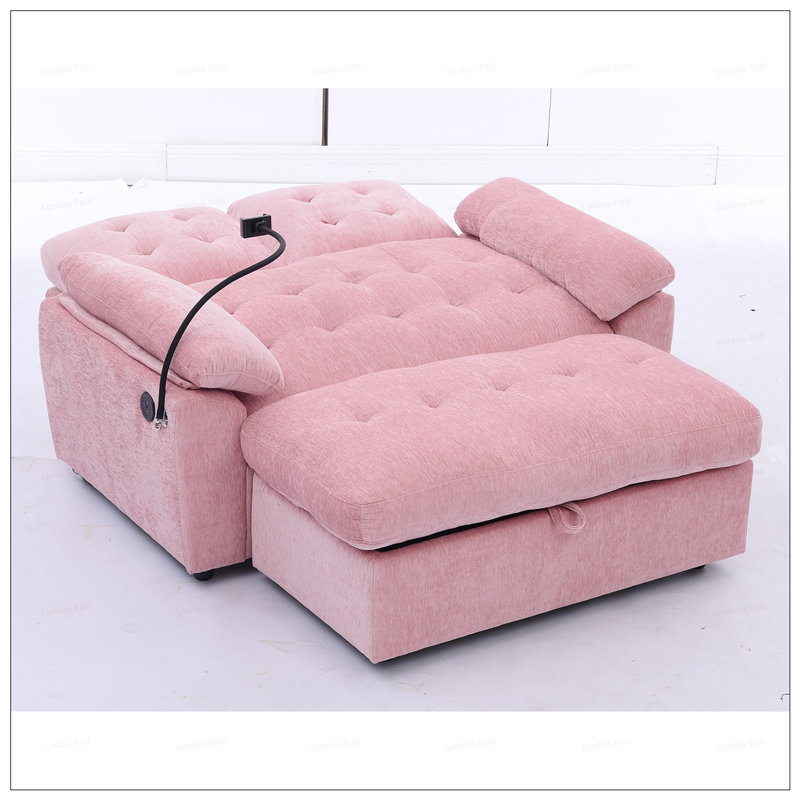 Leisure Double Sofa Recliner with Adjustable Backrest, Soft Padded Armrests, USB Charging, and Storage Ottoman, Chenille-Pink