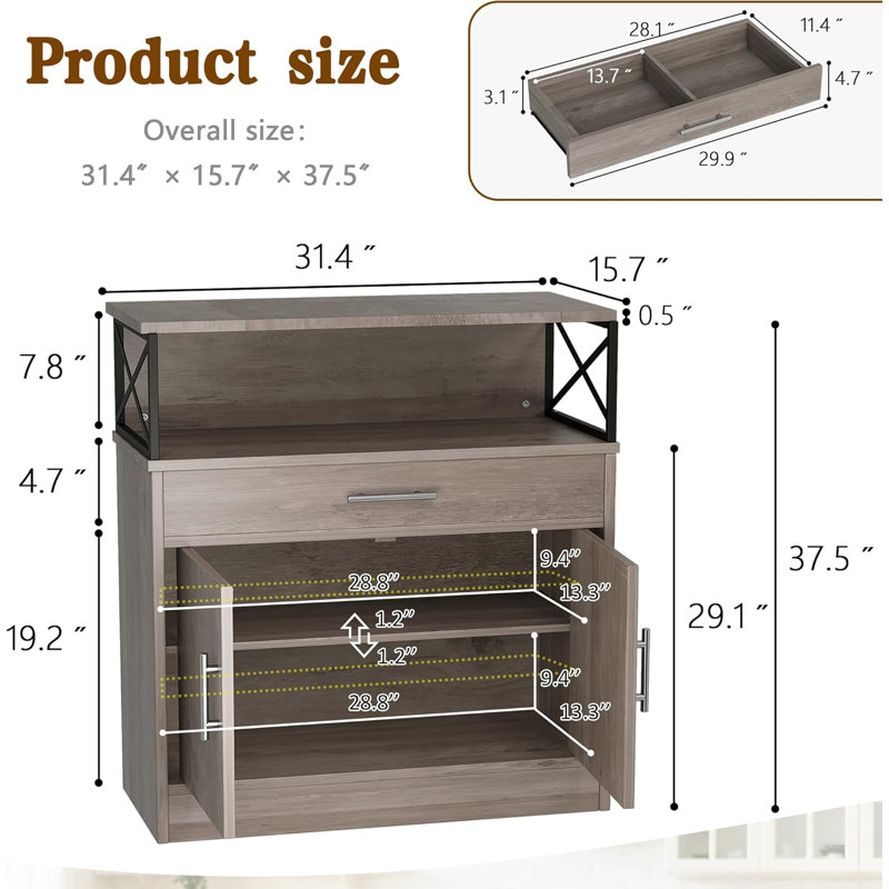 Buffet avec rangement, armoire de rangement de cuisine moderne de 32 po avec rangement ouvert, tablette réglable, table basse en bois de style café pour la cuisine, la salle à manger,