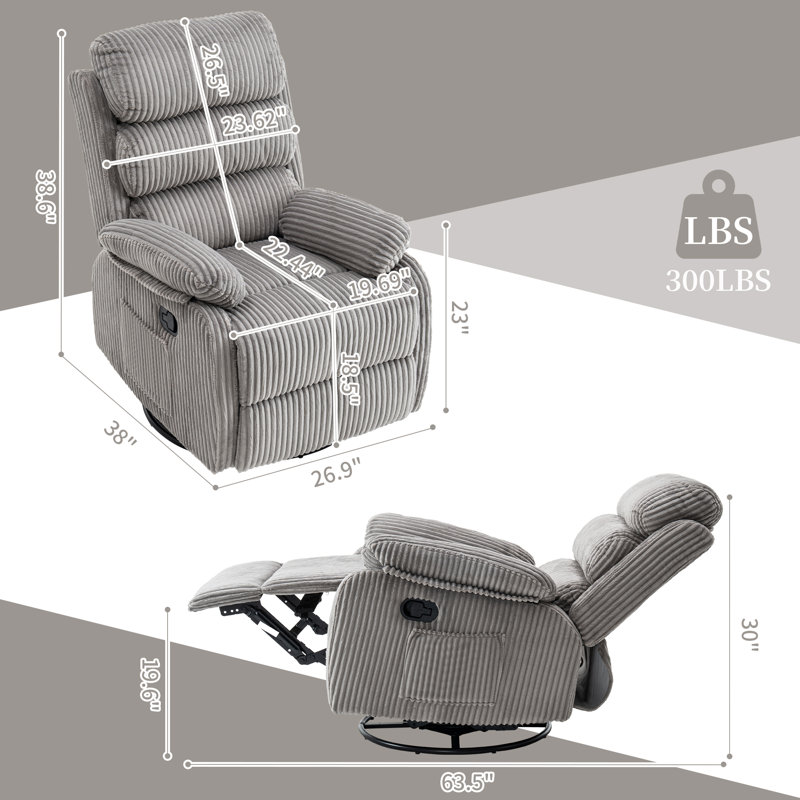 Fauteuil inclinable et oscillant pivotant en velours côtelé de 38 po de largeur, fauteuil manuel avec repose-pieds, plusieurs options de couleurs