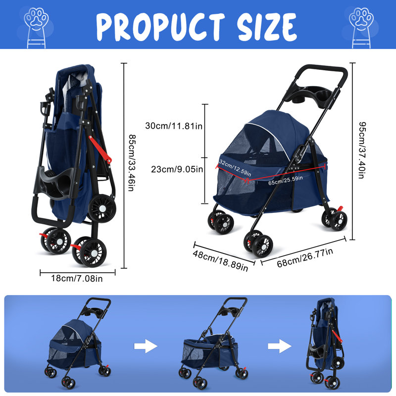 Poussette pliable pour animaux de compagnie (bleu), Bleu