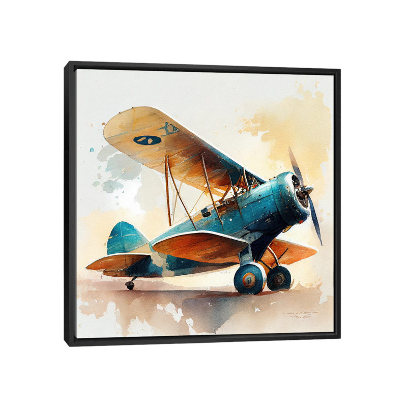 Aquarelle, avion rétro I, Toile avec cadre flottant noir, H 37 po x l 37 po x P 1,5 po