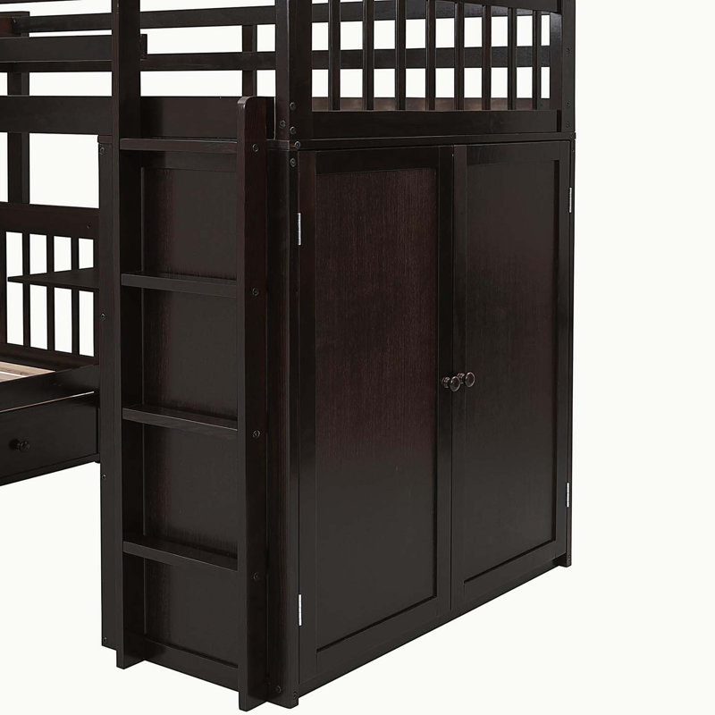 Lit superposé en L avec 3 tiroirs, bureau portable et garde-robe, Espresso