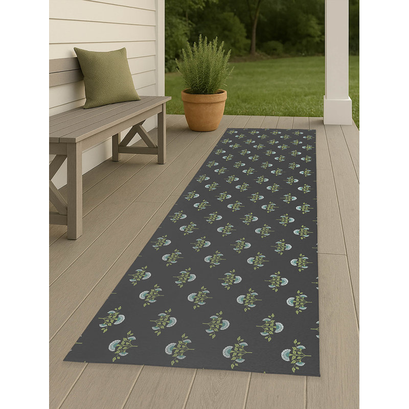 Flora Decorative Outdoor Rug, Charcoal, Runner 2'6" x 8'