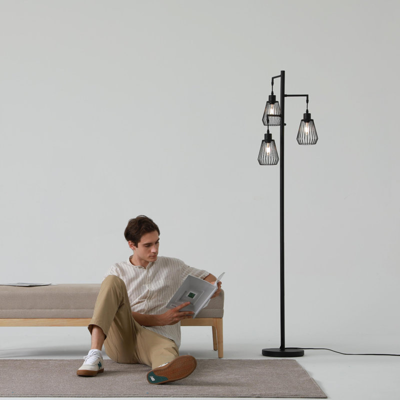 68.5" Industrial Black Tree Floor Lamp with 3 Bulbs Included