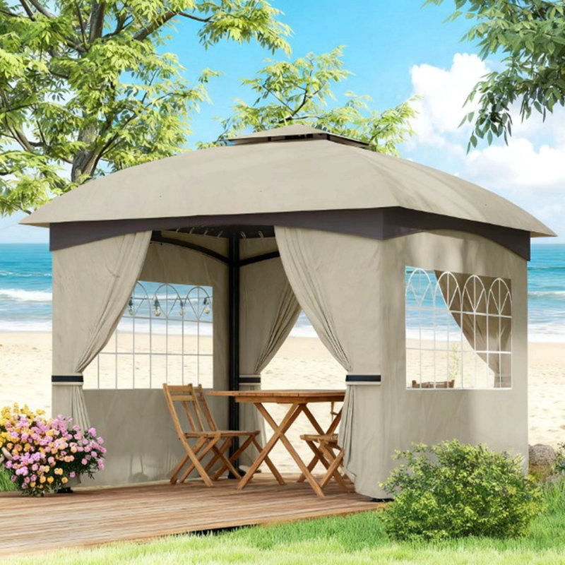 Double Roof Patio Gazebo,Elegant Design Gazebo,With Curtains,Church Windows,For Outdoor, Light Gray