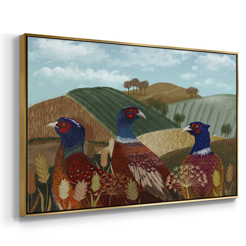 «Pheasant Trio in Field», reproduction sur toile flottante, H 17 po x l 25 po x P 2 po, Toile avec cadre flottant or