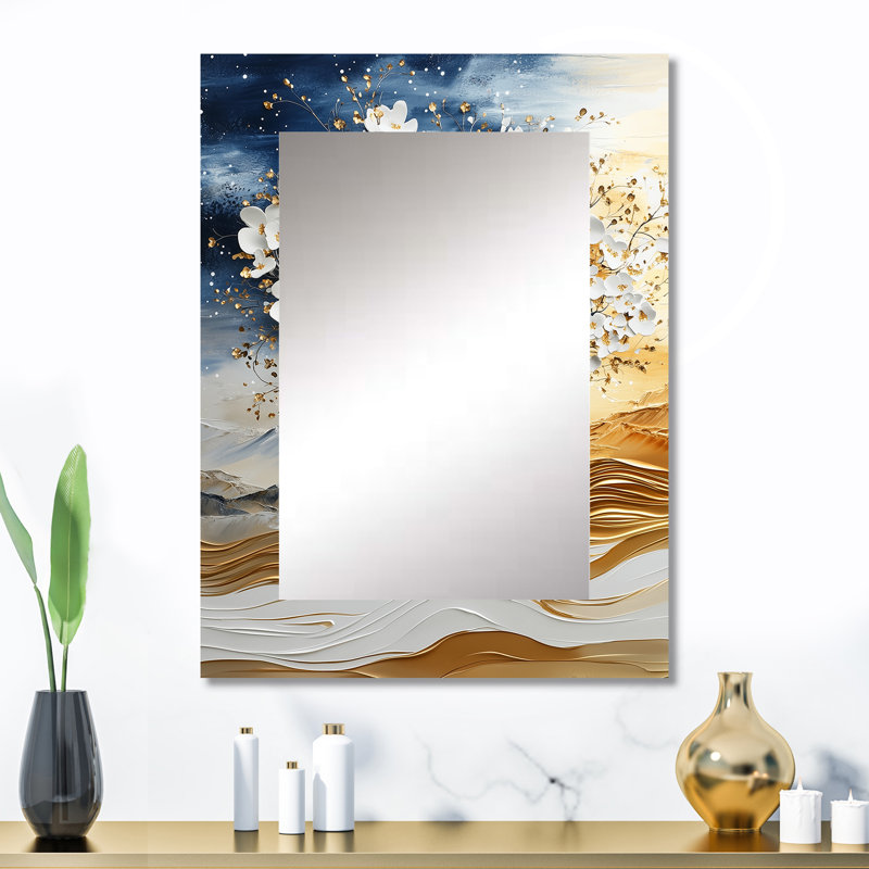 Arbre de tilleul silhouette or blanc - miroir mural cerisier en fleurs, miroir décoratif blanc, impression d'art en métal