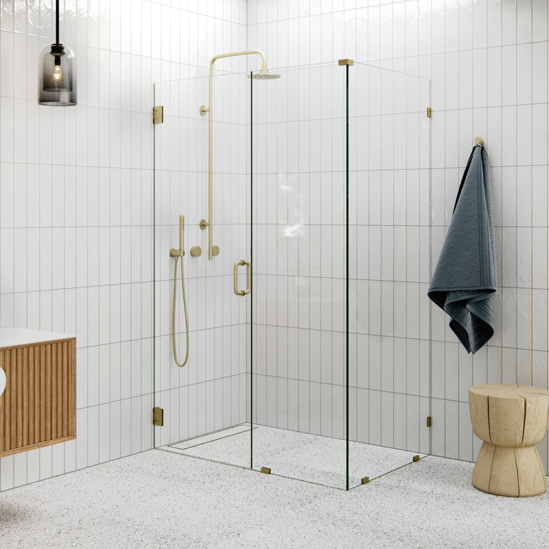 Porte de douche pivotante sans cadre de 46 po de largeur, Laiton satiné