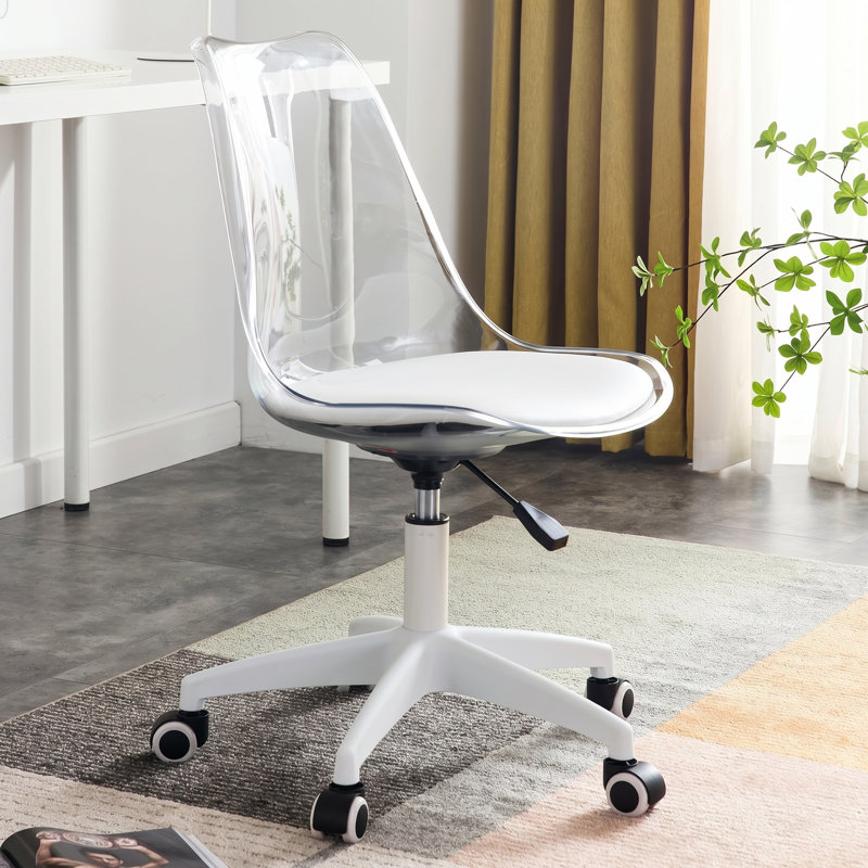 Modern Clear Acrylic Armless Swivel Task Chair with Faux Leather Seat with Adjustable Height, Transparent/White