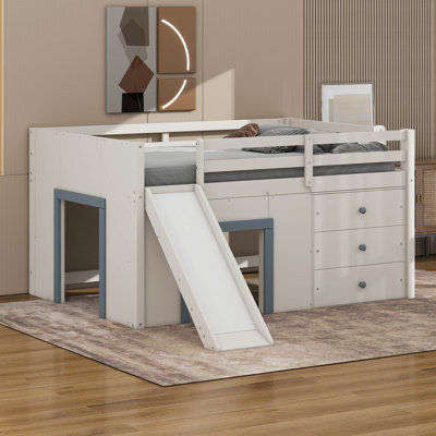 Full Size Low Loft Bed With Slide,Three Storage Drawers And Two Doors