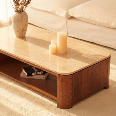 Table basse moderne en chêne naturel avec plateau en travertin 60 po Ovelo