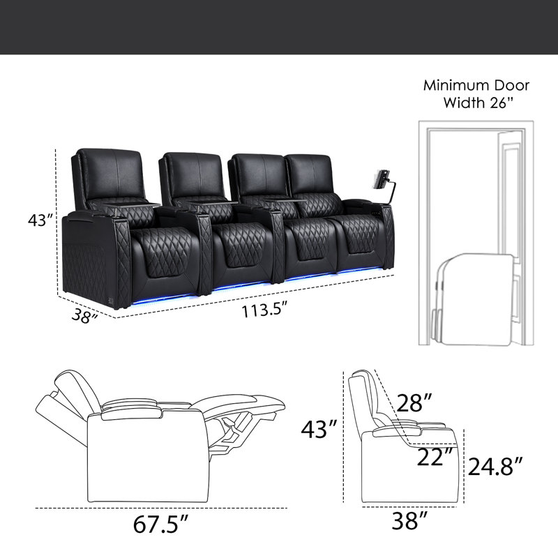 Canapé inclinable électrique Haiylee , Cuir véritable noir