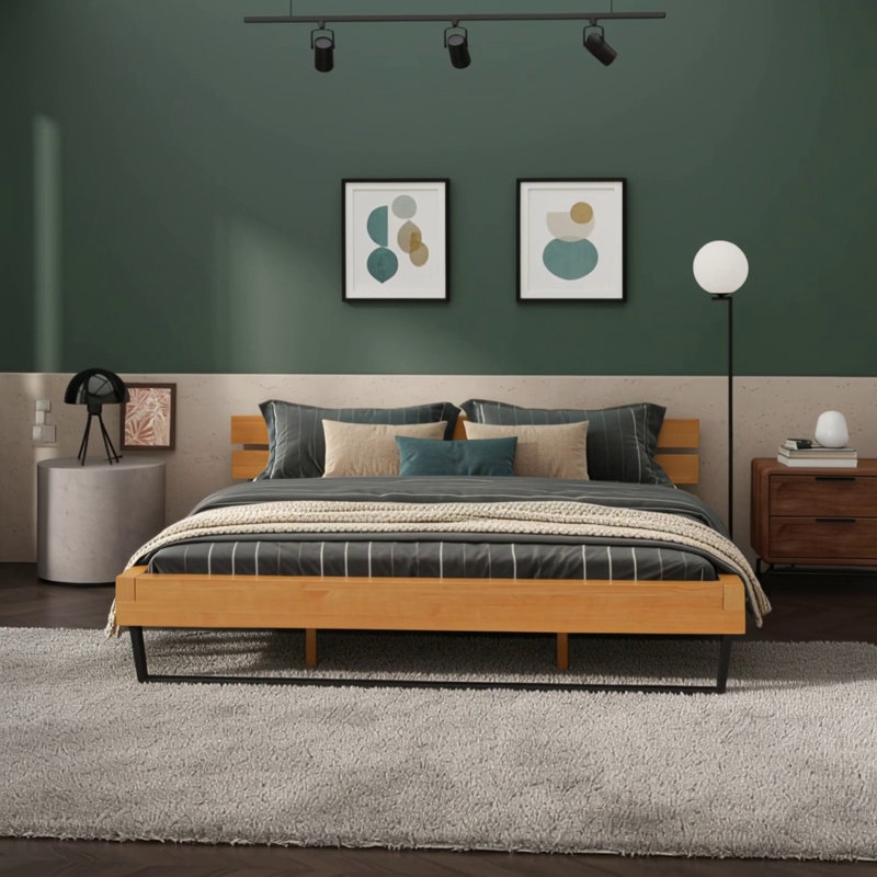 Élégante base de lit en bois de pin avec accents naturels et noirs, durable et facile à assembler