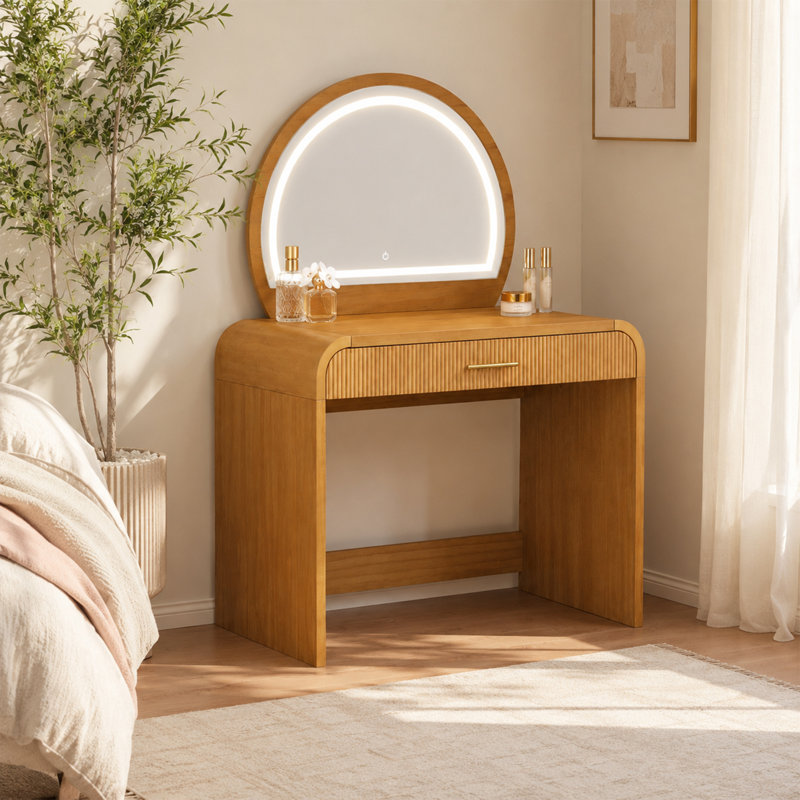  Coiffeuse en bois d'hévéa moderne avec miroir tactile et bureau convertible, Tan