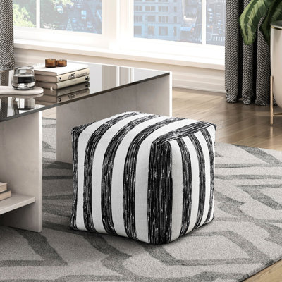 Modern Fabric Pouf In Black & White Stripes, Non-slip, 300lb Weight Capacity, 16x16x16", Zipper Closure, Fully Assembled And Striped With Non-slip Bottom, Fabric, 300lbs Cover, Ravishing