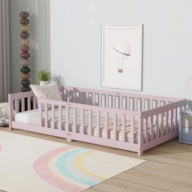 Twin Size Floor Bed Frame With Fence Without Door, Rubber Wooden Frame Material Floor Bed Frame With Safety Guardrails, Pink