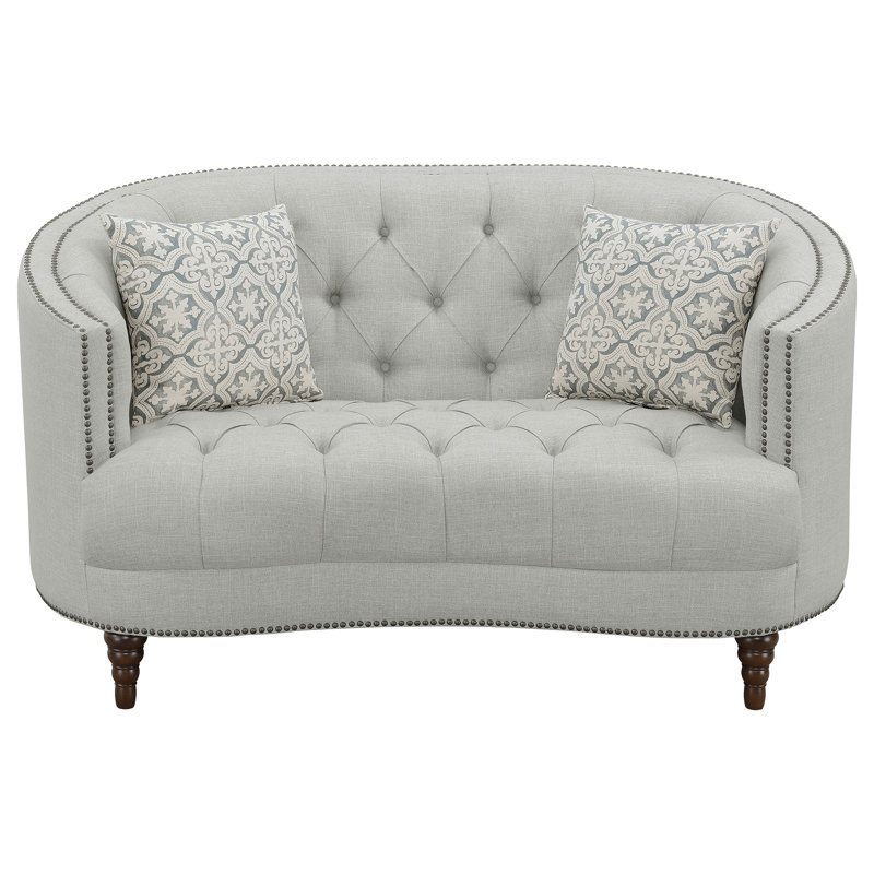 Gray Tufted Microfiber Loveseat with Nailhead Trim