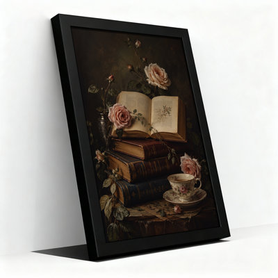 Art rétro sur toile, livres rétro et roses roses avec tasse de thé