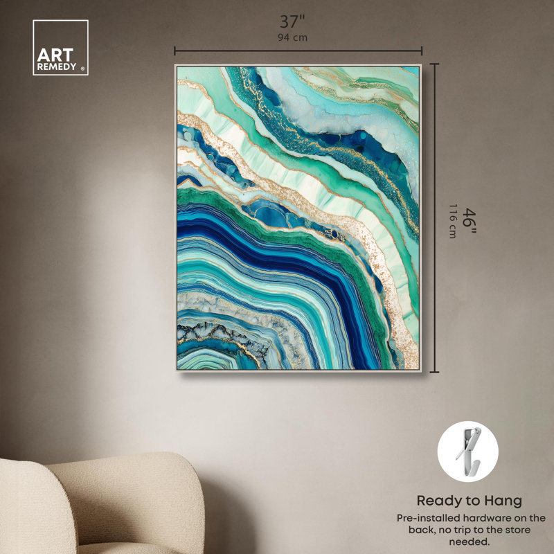 «Blue Green Abstract Agate II», art abstrait bleu sarcelle par , H 46 po x l 37 po, Encadrement argenté