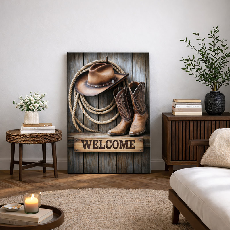 «Western Welcome Sign», chapeau de cowboy, bottes, corde, entrée, ferme, photos de décor, impression encadrée sur toile, impression sur toile