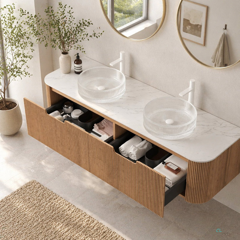 Meuble-lavabo mural 60 po avec lavabo, lavabo à fixation murale à bords arrondis flottants avec 2 tiroirs, 2 lavabos et comptoir en verre transparent pré-assemblés