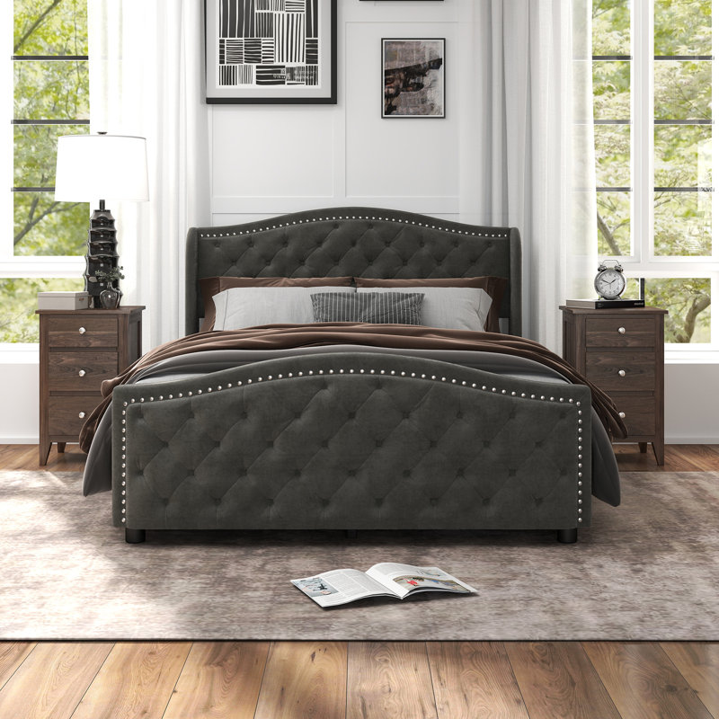 Kassaia Velvet Platform Bed with Tufted Headboard & Drawers