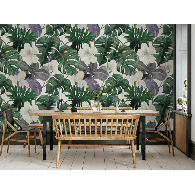 Papier peint floral tropical avec feuilles vertes tropicales, L 50 po x l 75 po
