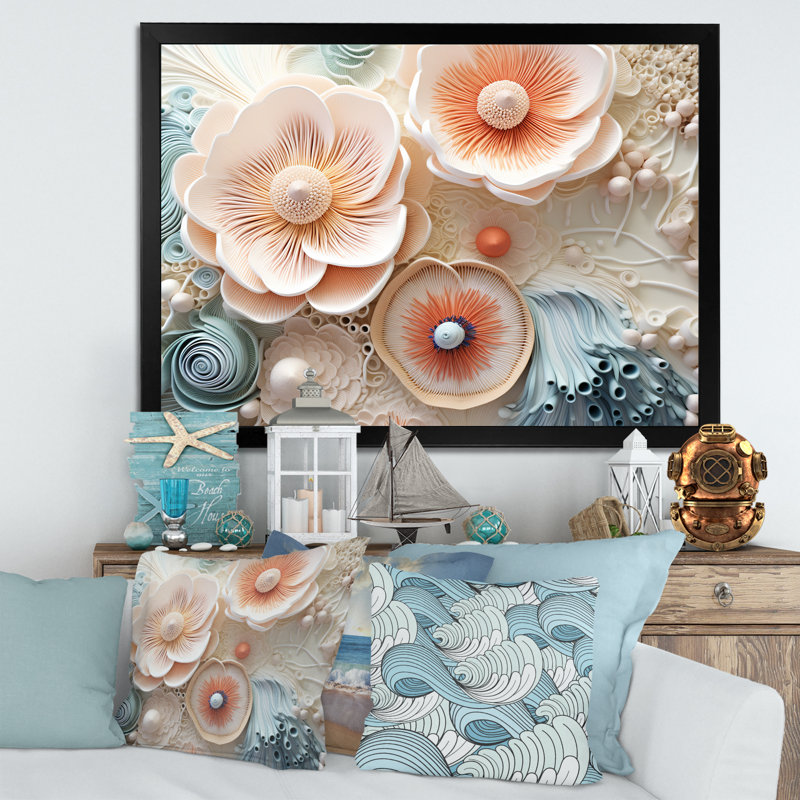 «Blue and White Coral Underwater Bouquet I - Coastal Coral Under Water», reproduction sur toile encadrée, Cadre noir