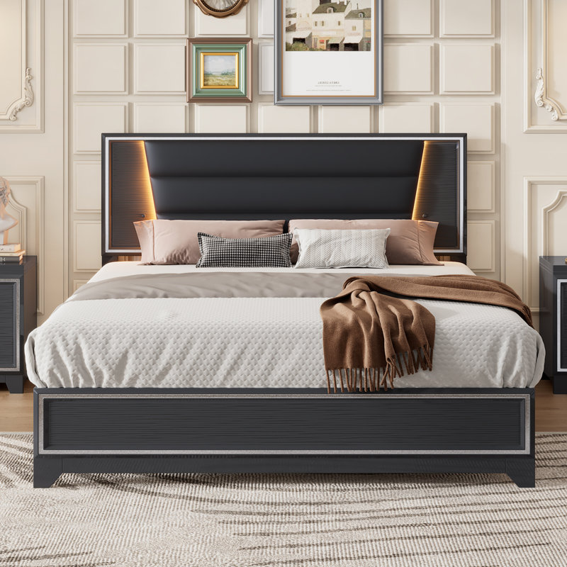  Grand lit tapissier en polyuréthane, tête de lit de conception moderne avec décoration brillante et aucun sommier tapissier requis, blanc
