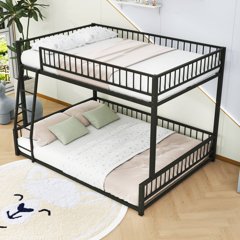 Bunk Bed Frame With Ladder And Guardrails, Black, Full XL over Queen