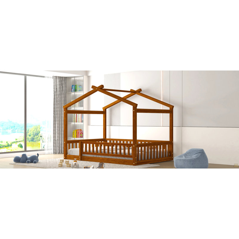 Structure de lit double en bois pleine grandeur avec clôture, Lit double, Noyer