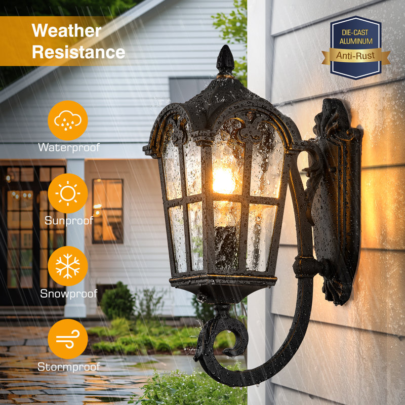 Anti-Rust Dusk to Dawn Outdoor Wall Sconce Lantern with Rippled Glass, Black(Gold Trim)