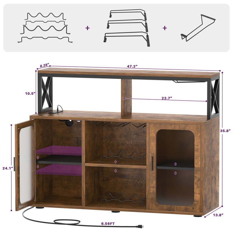 Asrf 47'' Wine Bar,Storage Buffet Cabinet Coffee Bar Cabinet For Liquor,Wine Cabinet With Racks with LEDs, Brown