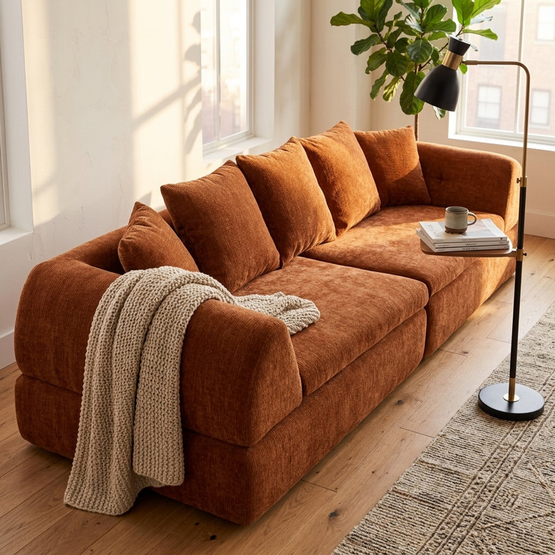 104" Cloud Modular Sectional Sofa, Modern Curved Boneless Couch with Extra Deep Seating, Orange