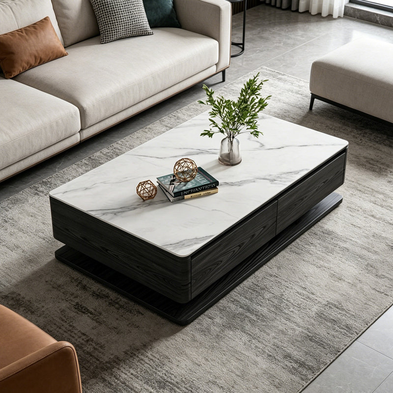 Table basse de rangement rectangulaire sur pied, Blanc / gris clair, H 16,92 po x L 55,11 po x l 31,49 po