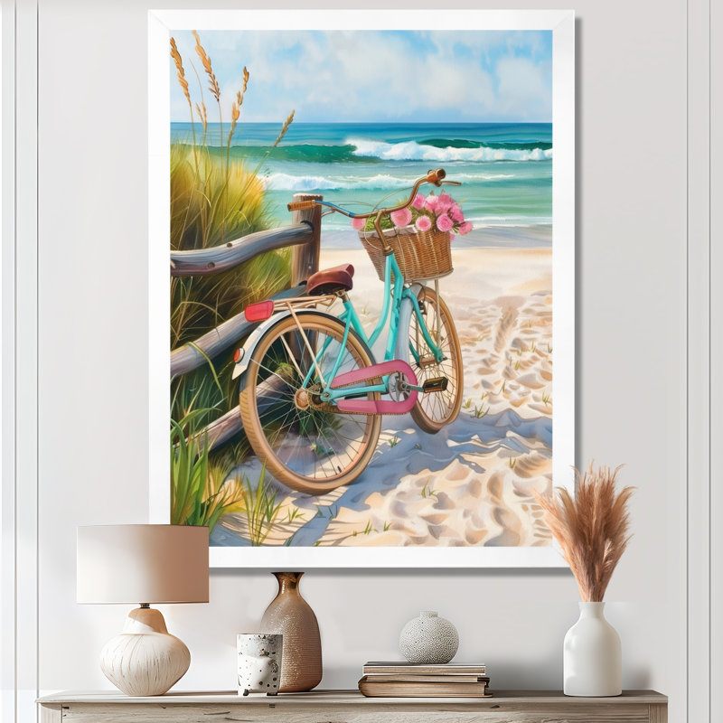 Vélo bleu sur le sentier de la plage côtière - art mural côtier, H 20 po x l 12 po x P 1 po