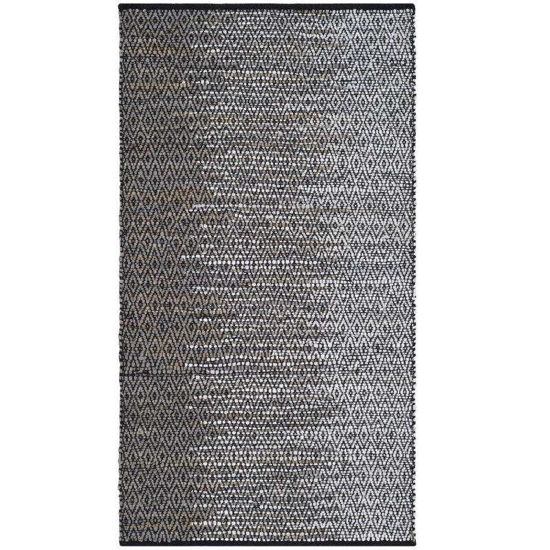 Exley Vintage Leather Hand Woven Leather/Cotton Geometric Rug in Grey, Rectangle 2' x 3'
