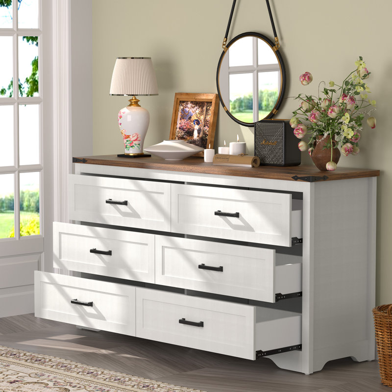 Commode double à 6 tiroirs avec panneau supérieur rustique Emryss, Blanc