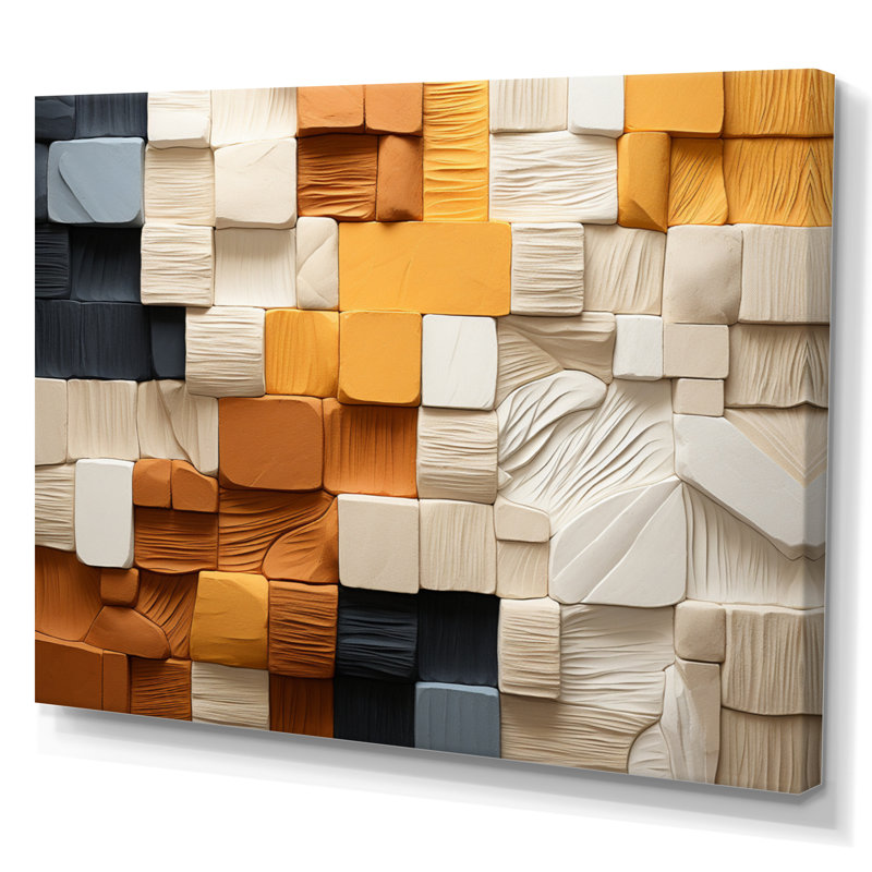 Cubique jaune et gris II sur toile, Toile tendue, H 34 po x l 44 po x P 1,5 po