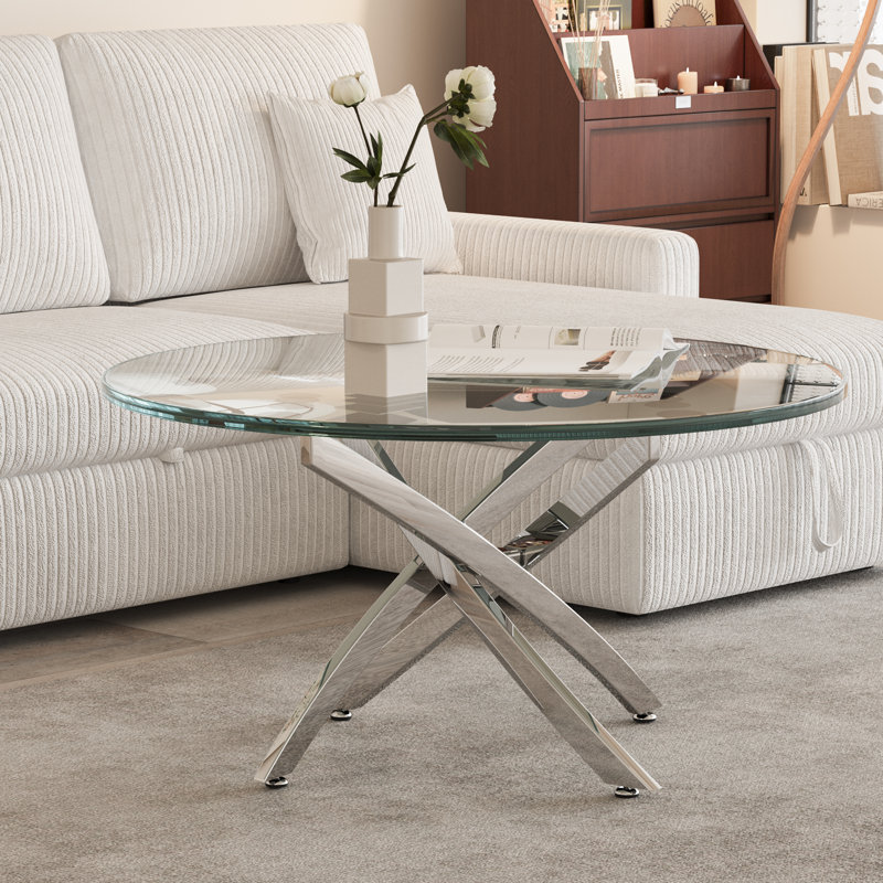 Landgraf Glass Top Round Coffee Table,Cocktail Table,Glass End Table, Silver, 18.3" H x 35.4" W x 35.4" D