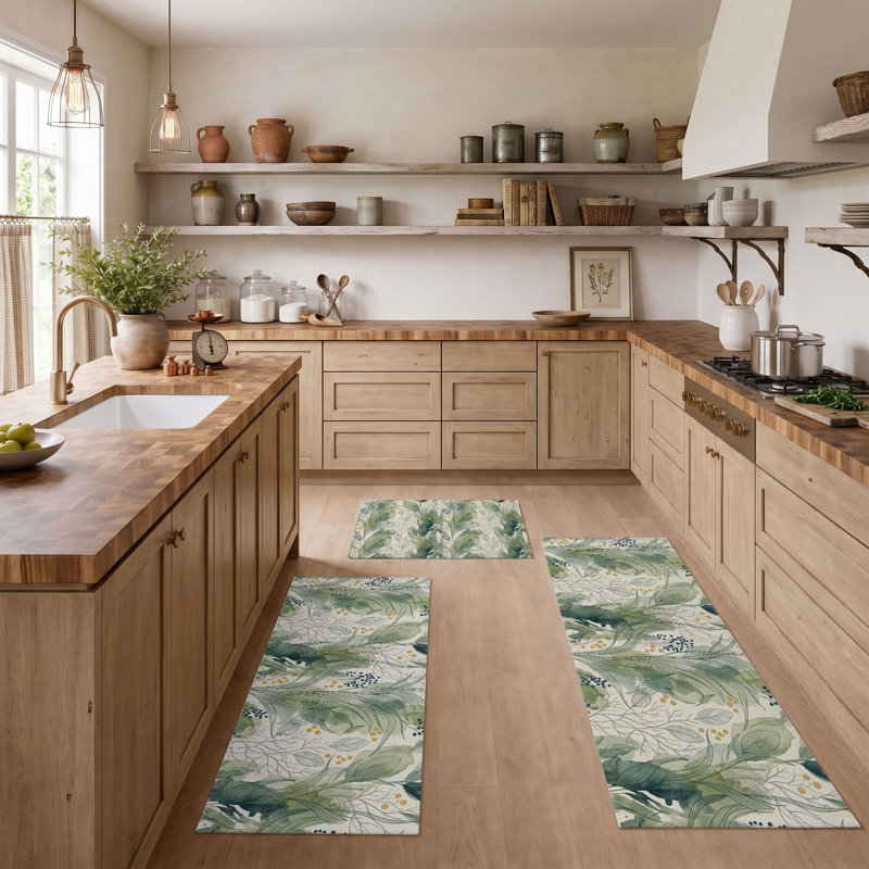 Green Leaf Non-Slip Washable Kitchen Mats