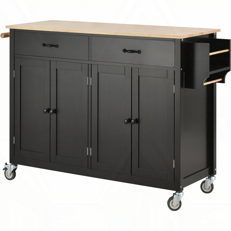 Kitchen Island Cart with Solid Wood Top and Locking Wheels, Black