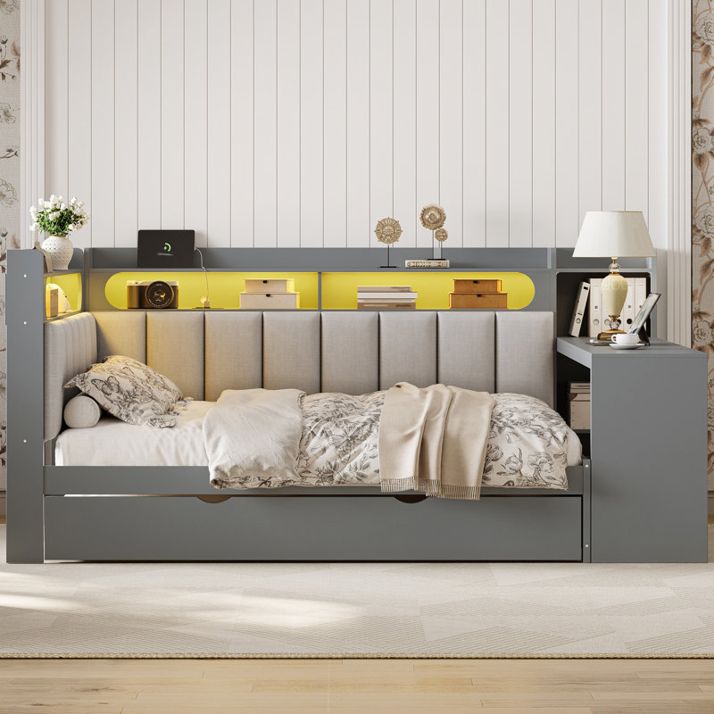 Full Size Daybed with Trundle, Storage Shelves, Desk, Upholstered Headboard, LED Light & Charging Station,Gray, Gray
