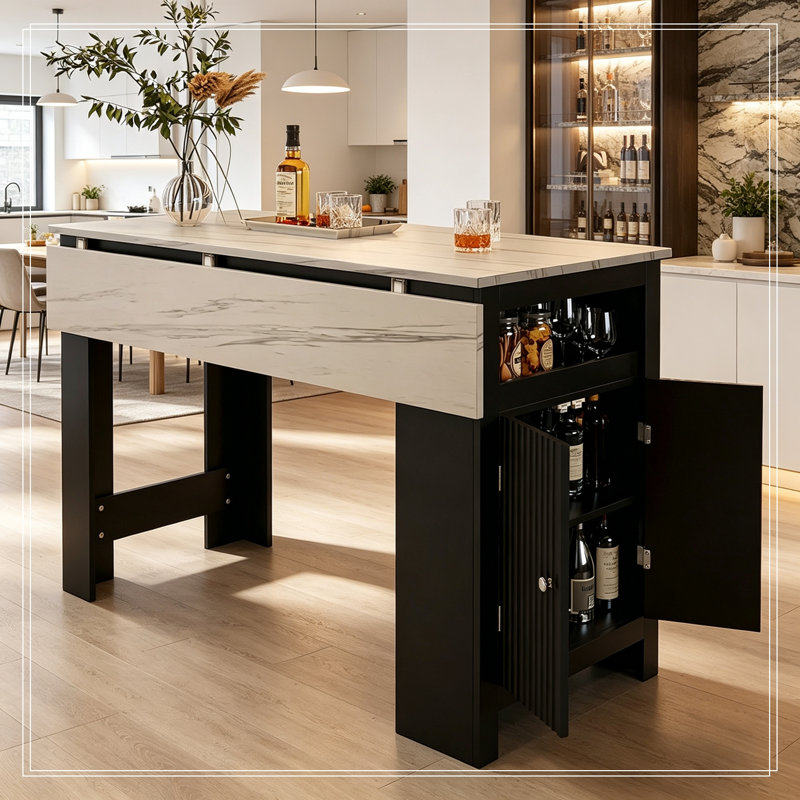 Table de salle à manger avec plateau pliable, armoire de rangement à 2 portes et tablettes réglables, Black