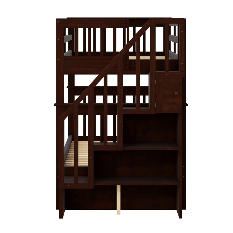 Twintwin Bunk Bed With Convenient Storage And Trundle Trundle. Solid Wood Build For Durability. Under-Stair Compartments. Safe Staircase Entry. Versatile, Can Convert To Two Beds. No Box Spring.